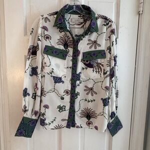 LOFT  Ivory Green Peacock Pheasant Floral Rayon Button Up Top Sz XS Nature Birds